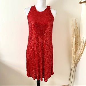 CARMEN MARC VALVO Red Silk Beaded Evening Gown Dress Women Size 10 Vintage